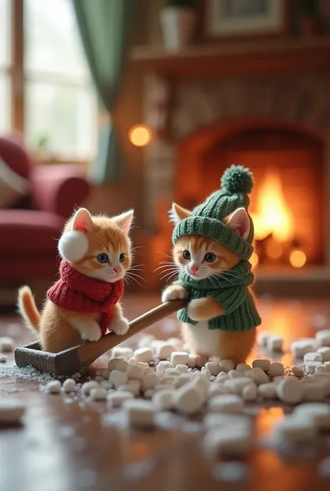 Inside a cozy room warmed by a flickering fireplace, two 1cm-tall Munchkin kittens are cleaning up snowflakes that accidentally got indoors. Snowy, wearing a snug red scarf and white earmuffs, rides on a tiny dustpan while Frost, dressed in a green woolen ...