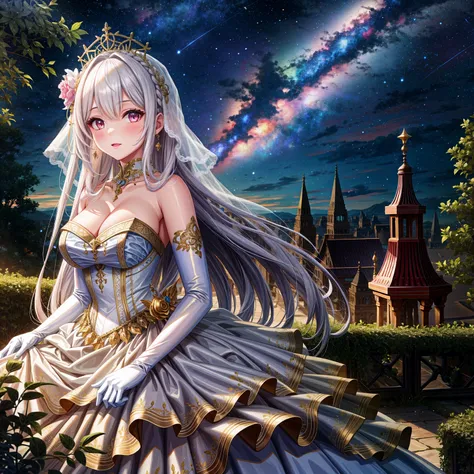 (close up of 1girl:1.1), shy expression, heavy blush, (detailed pure pink eyes), BREAK (extremely long straight white hair), crown braid with extremely large white hairbows, very long bangs, detailed princess tiara, long bridal veil, BREAK skin dentation, ...