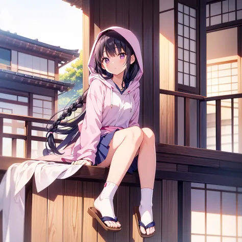 countryside　 balcony of a Showa era Japanese house sitting on the balcony 　　　 black hair　 long hair　 braided 　（（1 person））　 hooded hoodie with pink upper body sitting on balcony　Navy blue mini skirt　　 holding white socks 　Wearing Sandals　 Dazzling Sun Ligh...