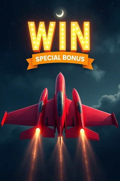 The image shows two red airplanes flying in the night sky with a crescent moon in the background. The airplanes are flying side by side, with the word "WIN" written in bold yellow letters above them. Below the word, there is a banner that reads "Special Bo...