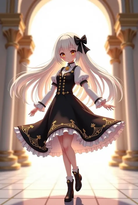 prompt: anime  8K resolution, Delicate features, , single, Unique pupils, smile, white ling hair, light blue eyes. Princess Cut, Ribbon hair ornament, brooch, Shinynblack dress, Gold embroidery,****ta Style, white and black Gothic lolita style, Facing the ...