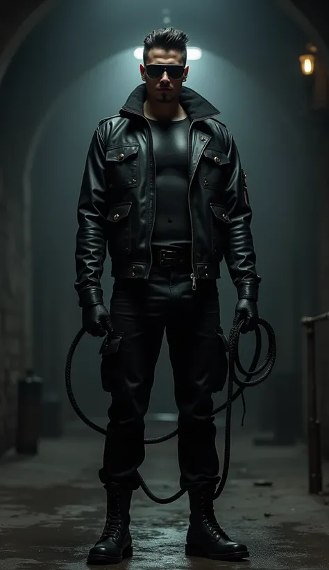 Young man in black leather , leather cargo pants , leather jacket,  leather gloves , leather shaft boots,  sunglasses, A leather bull whip in the left fist,  in a dungeon 