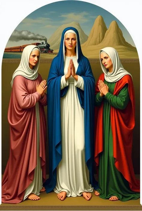  The Three Virgin Marys :  Mary the Mother of God , to the center,  white dress and royal blue cloak , white veil.  Maria Magdalena , To the right, pink dress and green cloak , white veil. María de Cleofás , To the left,  green dress and red cloak , white ...