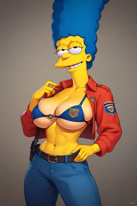 Marge Simpson very beautiful smiling with a super sexy body ((big breasts)), blue hair, with a micro police uniform.