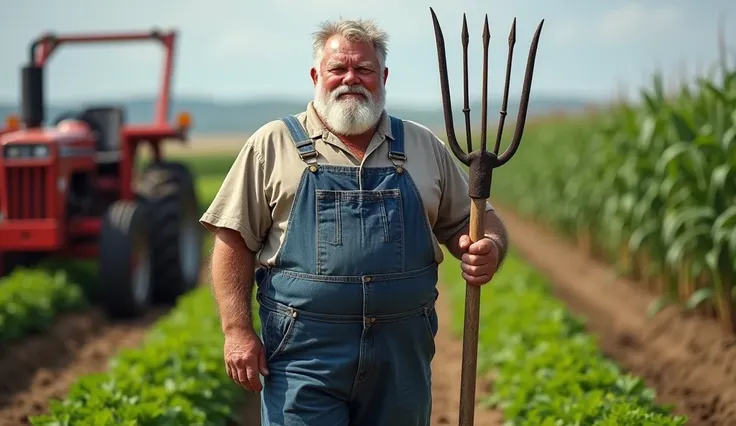 Charlie (a fat, bearded man with short white hair, in his 40s, wearing blue overalls and jeans) holds a pitchfork, surrounded by rows of crops and farm equipment, his strong body and calloused hands telling a story of hard work and quiet resilience. hyper-...