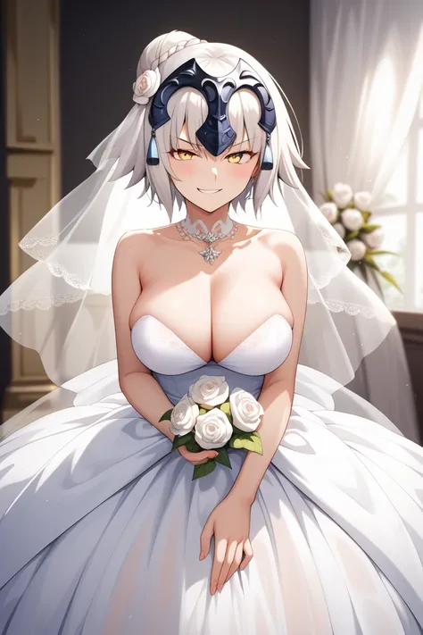 masterpiece,best quality,{{detailed beautiful face and eyes}}, 
Jeanne dArc Alter,{{{megami magazine}}},short hair,white hair,hair between eyes,headpiece,yellow eyes,large breasts,
hairstyle: (wedding bun short hair:1.2)
Outfit: (wedding dress,intricate dr...