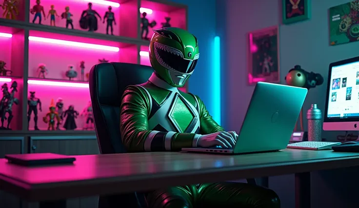 Green Power Ranger sitting in a room with his feet resting on the desk, a netbook on the table and a library with collectible figures, With neon magenta and blue lights 