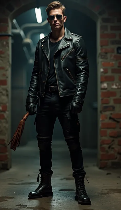 Young man in black leather , Leather jacket, leather cargo pants , Leather gloves, Leather sheep boots , sunglasses,  with leather flogger whip in a dungeon