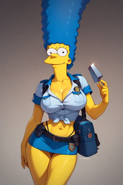 Marge Simpson very beautiful smiling with a super sexy body ((big breasts)), blue hair, with a micro police uniform with micro skirt