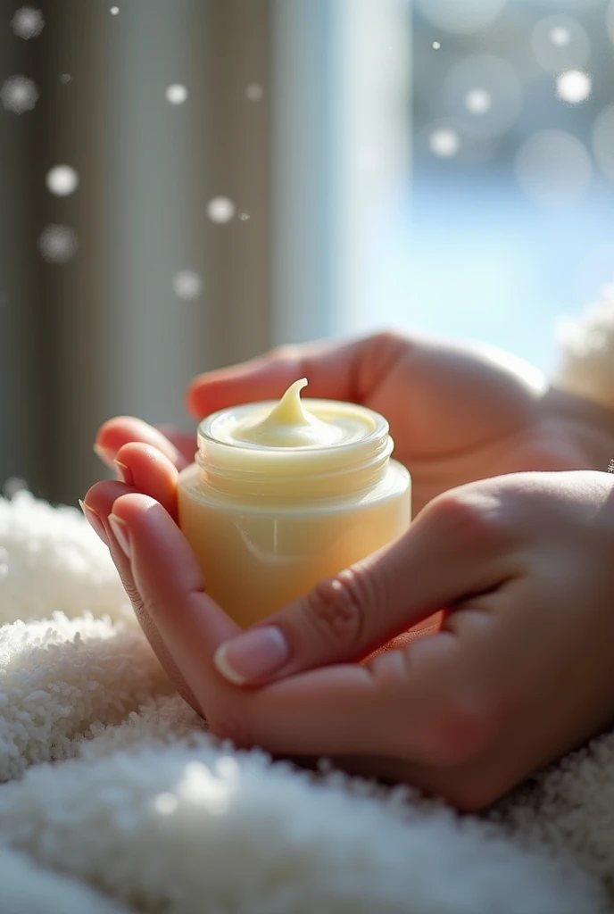 "An aesthetically pleasing image showing a close-up of soft hands applying Vaseline from a sleek jar, with a winter background featuring frosty landscapes. The scene is intimate but tasteful, evoking warmth and care in cold weather. Use soft lighting with ...