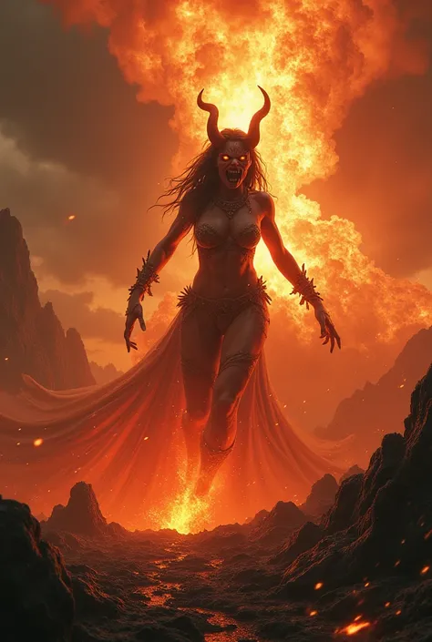 Volcano erupting angry woman like a demon from Warhammer