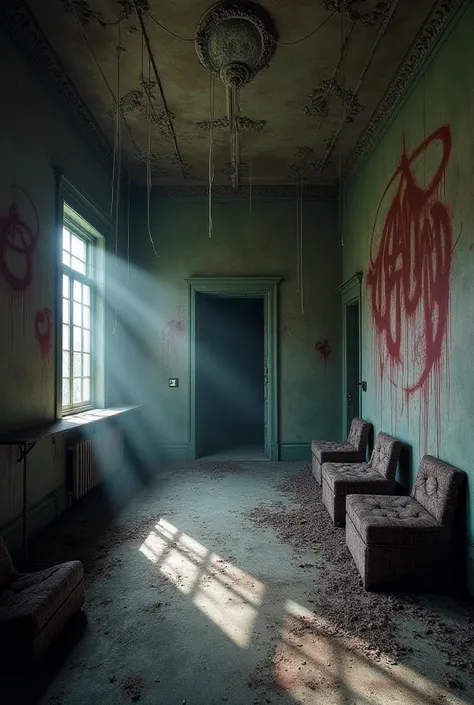 The interior of an abandoned, haunted mansion with dusty floors, broken furniture, and cobwebs hanging from the ceiling. The walls are covered in dark, cryptic symbols painted in red. A cold, eerie light filters through cracks in the walls, casting long, d...