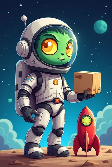 A cartoon-style character called Space Shipper. The character is a futuristic astronaut wearing a sleek space suit without any Bitcoin logo. The helmet has a transparent visor revealing the face of a friendly alien with big eyes and a humorous expression. ...