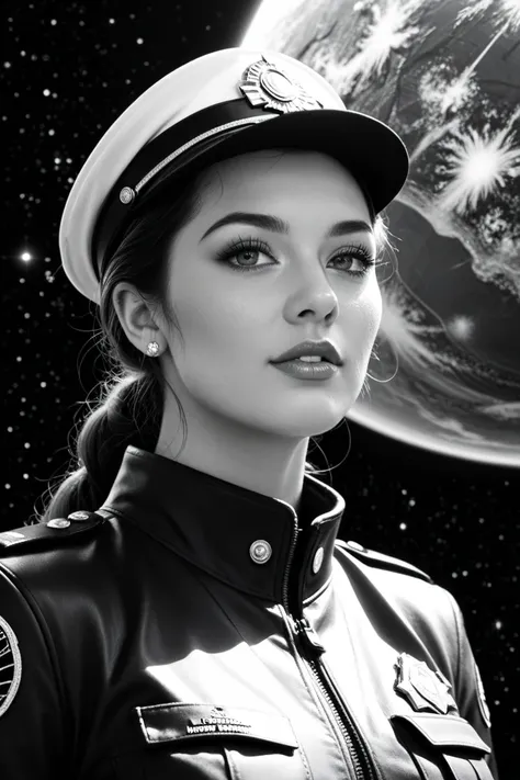 high quality, 8K Ultra HD, A beautiful double exposure that combines an Star Trek female Vulcan officer silhouette with Photographs of the galaxy and planets with its details incorporated into the goddess , crisp lines, The background is monochrome, sharp ...