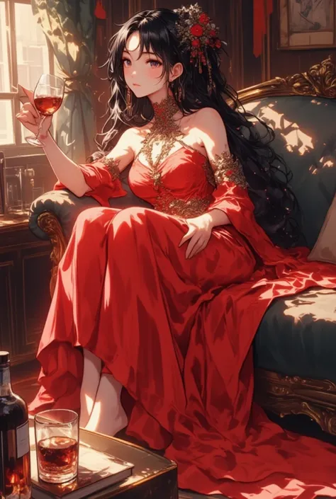 a woman sitting on a couch holding a glass of wine, clean detailed anime art, black hairs, white! dress, yasuke 5 0 0 px models, she arrived in a red dress, realistic. cheng yi, hua cheng, sparkling dew, queen jezebel, sun-hyuk kim, drinks bourbon, girl of...