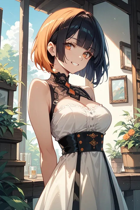 1woman,orange eyes,small eyes,short hair,bob hair,blunt bangs,medium breasts,(black eyepatch),wear eyepatch,Masterpiece,arms behind back,smile,