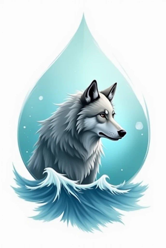 A logo for a karate dojo of a gray wolf surrounded by a subtle drop of water and brushstrokes that evoke the waves of blue water, all like a watercolor painting , with turquoise tones ,  blue and silver 