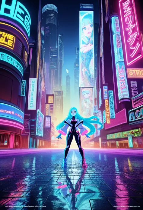 "A striking and dynamic female figure standing amidst a futuristic cityscape illuminated by vivid neon lights. Her outfit is a blend of high-fashion and cyberpunk, featuring sleek metallic accents and holographic textures. She poses confidently, her flowin...