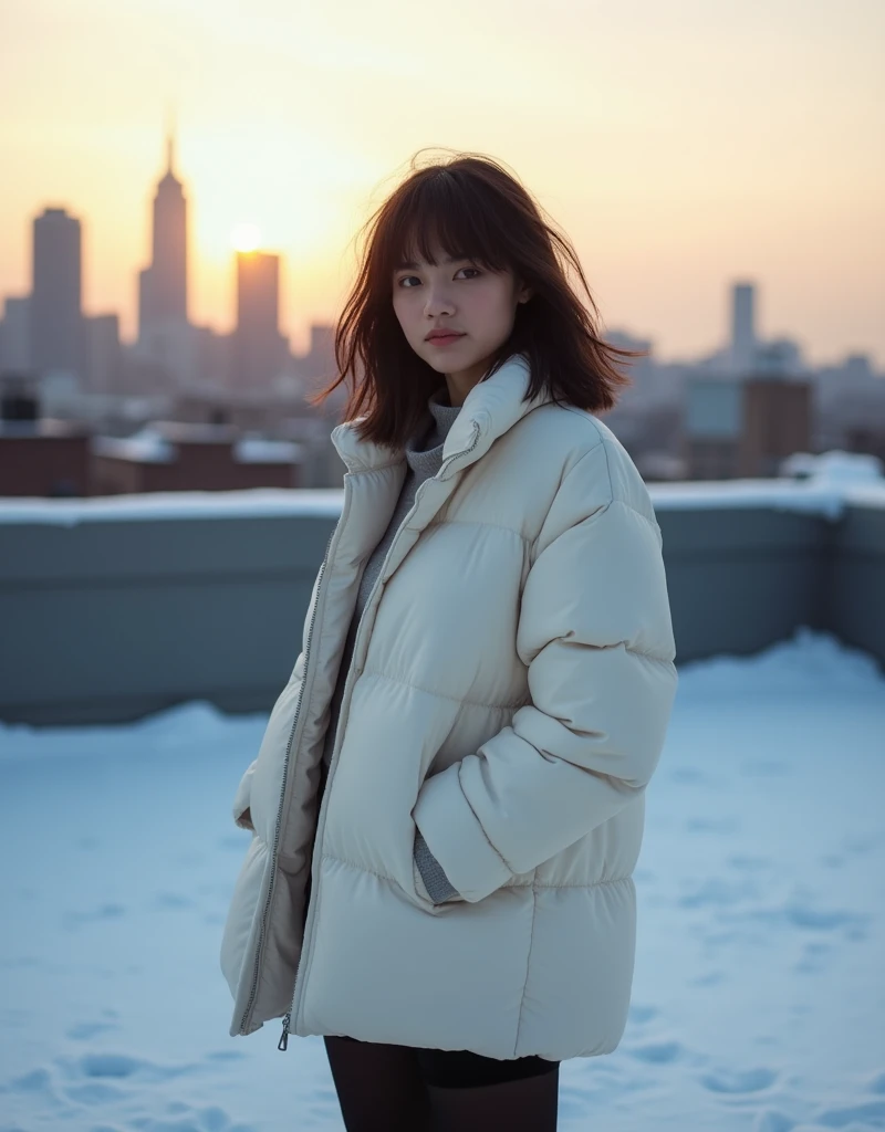 Medium shot of a young woman with her hair cut into a messy dark brown bob. She is standing on a snowy rooftop in New York watching the sun go down. She is wearing an chic white very puffy coat and black tights. She has small breasts and a big butt. A cand...