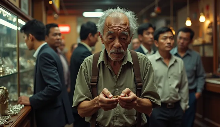 A 60-year-old Vietnamese man with a rugged, weary face, dressed in simple, worn-out clothing, standing inside a bustling jewelry store. The man is holding a small, old ring, looking humble and subdued, while others in the store, including well-dressed staf...