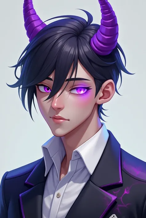 the shirt is white, the jacket and the left eye are closed and he is cool, the hair is parted, he is a man with purple horns and the right eye is purple