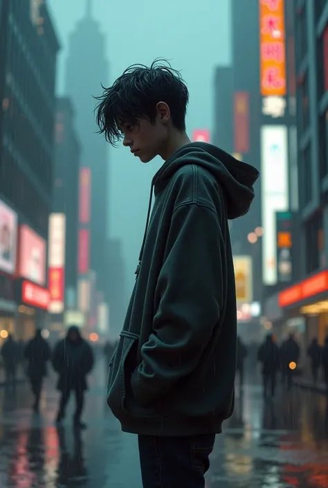 A teenage boy who is sad Under the rain In the middle of the city wearing a hoodie 