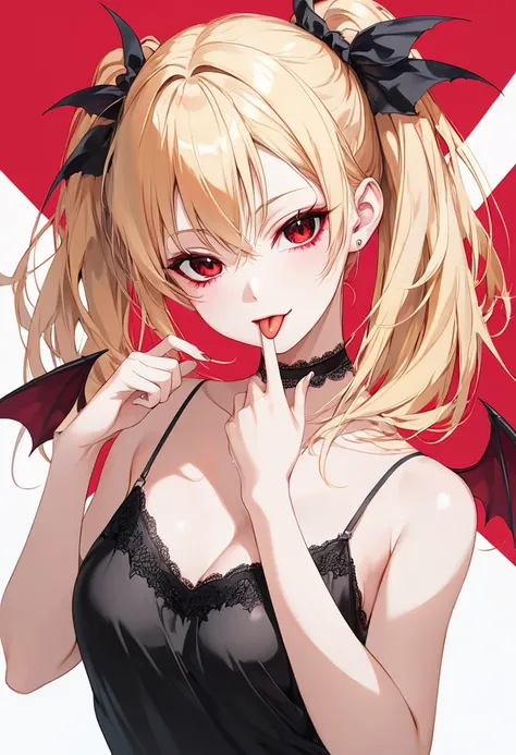 cute vampire Shinobu Oshino, akanbe, eyelid pull, tongue out, finger to eye, hand up, :p, index finger raised, blonde long thick bushy eyelashes, blonde shining glossy silky straight hair, vivid and seductive expression, captivating large red eyes, wearing...