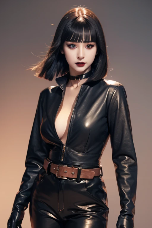 1 , woman, long_hair, Black Lipstick,  dog collar ,  eyeliner ,  eye shadow ,  smoky eyes,  Realistic lighting ,  short hair, standing, leather clothes, long sleeves, leather gloves, Open clothes ,  cleavage, leather pants, belt.