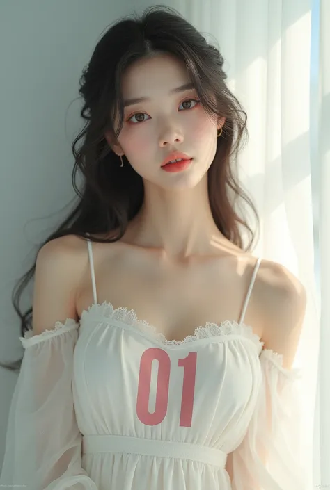 A Korean idol wearing a white dress with long hair as long as the number 01 is attached to her chest, seen half of her body