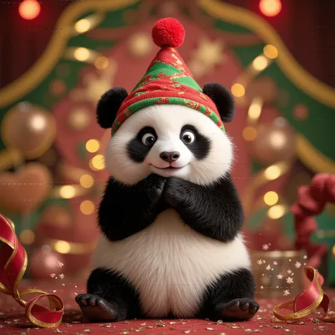 Panda in a Christmas hat,  Beautiful New Year background 