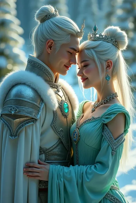 A young Korean husband and wife, handsome and beautiful, mystical warriors with graceful diamond crowns from the arctic kingdom, white hair tied in a bun, both wearing silver peach and emerald armor, the wifes dress is very beautiful and graceful, patrolli...