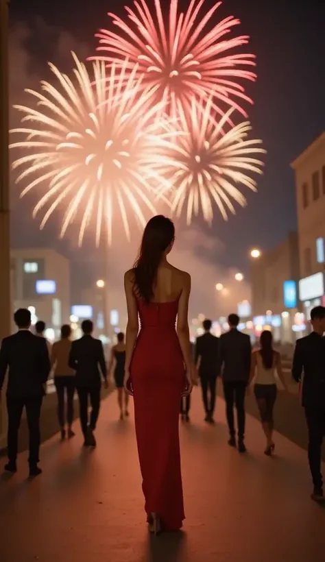 Fireworks happy new year 2025 night sky, realistic, Lisamy, a woman is dancing with luxury dress, Seul, Korea, background words "HAPPY NEW YEAR 2025"