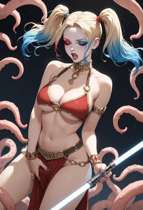 Harley Quinn dressed as Slave Leia, pale skin, blonde hair, twintails with pink and blue highlights, masturbating with a lightsaber hilt, moaning, cleavage, under boob, sideboob, large breasts, being molested by tentacles of the Sarlacc