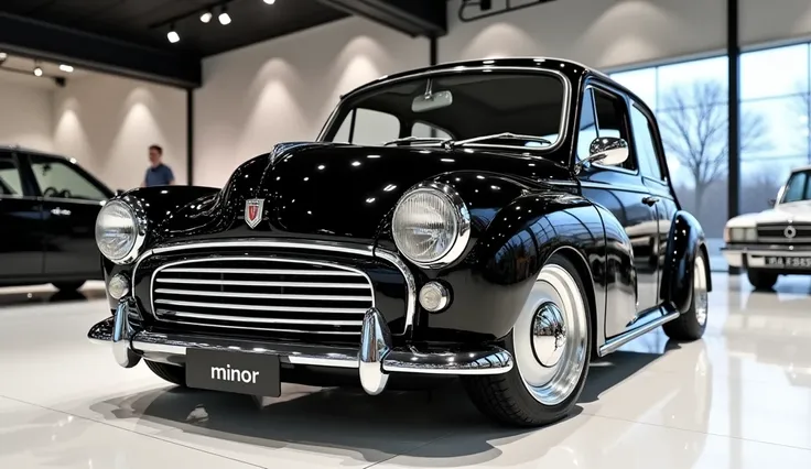 The full front side view of painted with galemy diamond black 2025Morris minor in large shape Sedan in large size with  mirror its large detailed grille in shiny white colour with angular sporty design captured from full front side view with modified sleek...