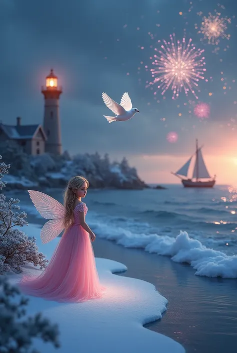 seaside 
wintertime 
phare 
Sehelschiff
fireworks 
Little pink fairy standing on the shore
White dove flies