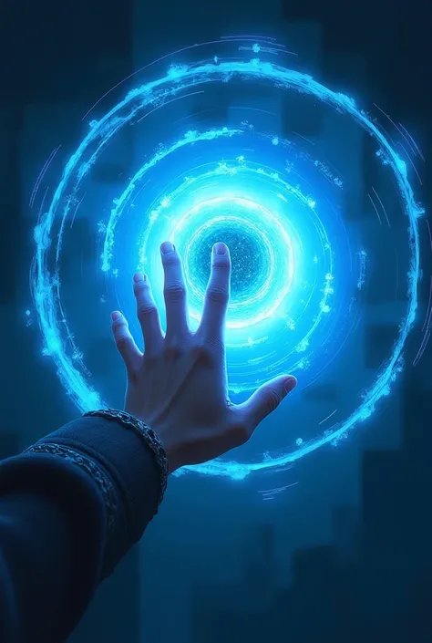  The protagonists hand reaches out hesitantly to touch the shiny metallic object, with rings of blue light swirling around him ".