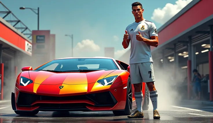 Ronaldo with Lamborghini Aventador SVJ at back car wash , Ronaldo in thumbs up style, Ronaldo in real Madrid jersey number 7 