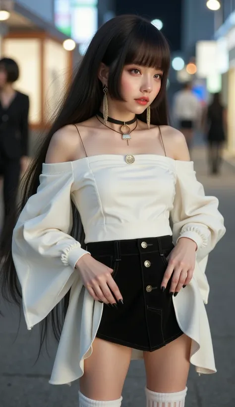 16K quality， ultra-realistic style ，Take a picture of a woman standing in front of her whole body，over the knee white socks，Over the knee socks。 Short black skirt ， Black Heels ，Himekiri hairstyle ， Full Body Photo ， cold expression ， a woman in a stylish ...