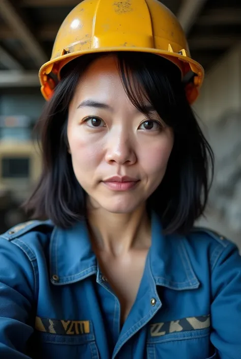 selfie of asian woman wearing blue mining work uniform