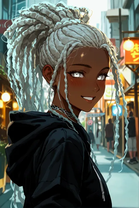 1Girl, Dark Skin, Very Long Straight Dreadlocks, White Eyes, Black Hoodie, Black Gym Leggings, Looking At Viewer, Posing, Smile, Teeth, Blush, Solo, Open Street Background, Anime, High Resalution, Best Quality, From Behind, 