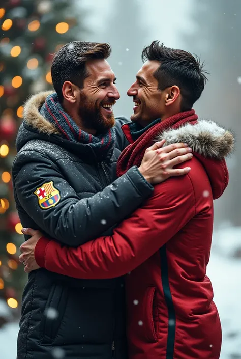 Messi and ronaldo celebrating christmas in snow