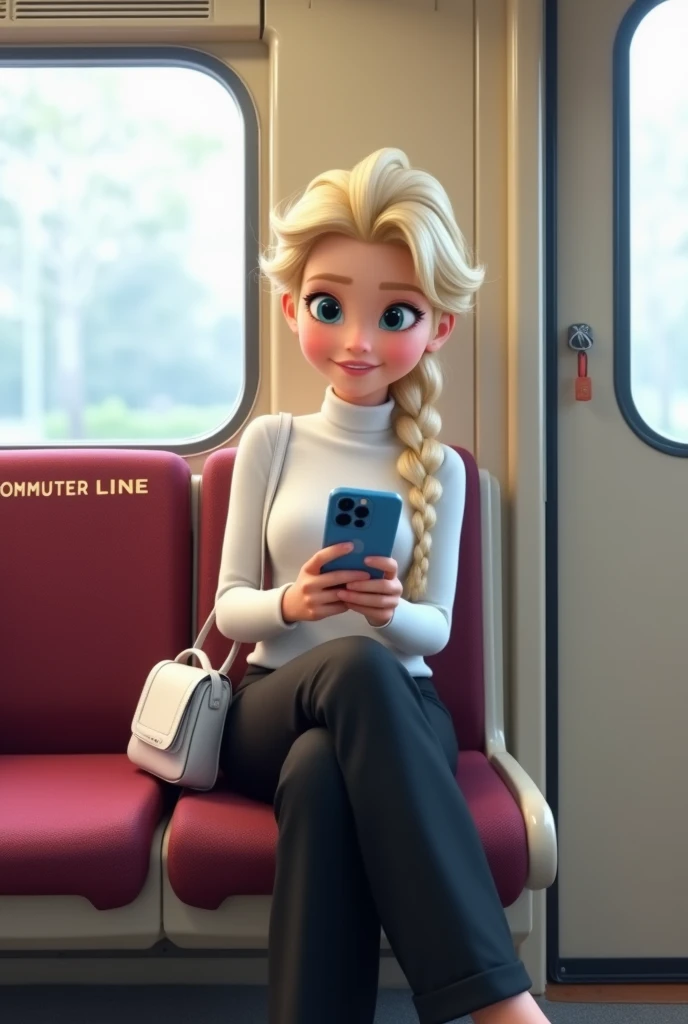 Elsa from Frozen, blonde braids hanging down her shoulders, wearing a white turtleneck and black trousers. He was in the interior of the JR 205 electric train from Japan, sitting on a bench with his legs crossed. While holding a blue iPhone 12 smartphone, ...