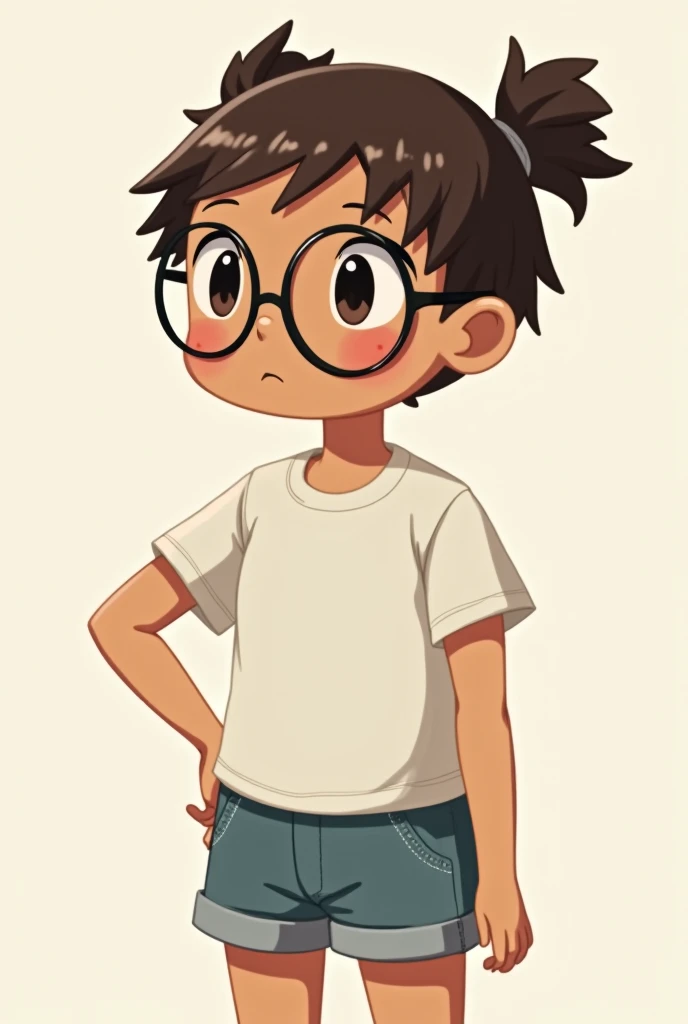  create a character based on Garu and Pucca ,  with these specifications 

Medium-dark skin tone :  The tone of your skin will be warm and medium tone .
glasses:  It will be a distinctive feature of your shyness ,  so the glasses will be big and round ,  t...