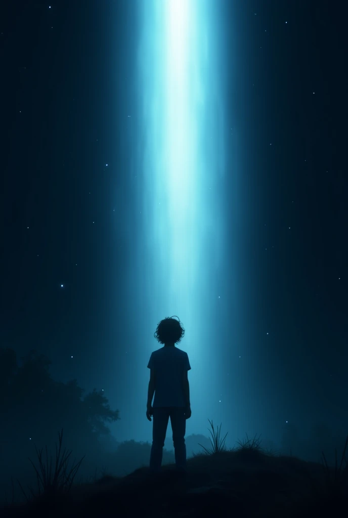  A dazzling beam of light crosses a completely dark sky and illuminates the protagonist, who is paralyzed by amazement 