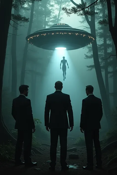 Men in black suits staring at an alien coming out of its UFO in a dark forest