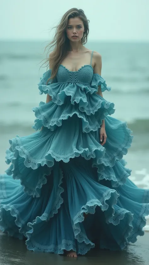 the woman is wearing a dress, the dress is made of the waves of the ocean --style raw --stylize 50.0