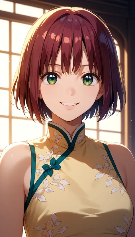 ((Rimi Ushigome)), beautiful anime girl, detailed portrait, masterpiece, ultra-detailed, 8k, 16k, high resolution, photorealistic, vivid colors, warm lighting, soft smile, elegant chinese dress, short bob hairstyle