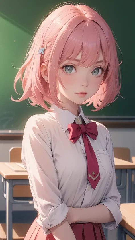 (safe:1.10), best quality, masterpiece, highres, solo, (anya_forger_spyxfamily:1.10), portrait, looking at viewer, anime_style, 24, Anya foger school uniform. classroom, short pink hair