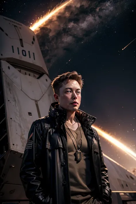 Elon Musk with space X rocket behind him wearing a trench coat with a bitcoin necklace, looking up towards space