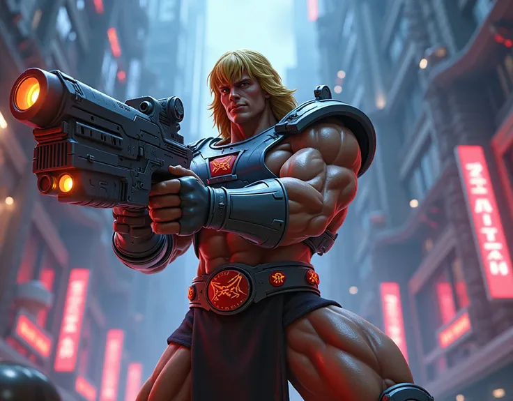 He-man character with big mission gun to firing opponent  , template, cyberpunk ,4k, Film action animations art style